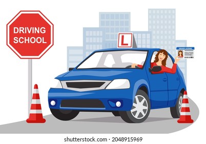 A Smiling Girl Sits In A Blue Training Car And Shows Her Driver License. City Landscape In The Background. Design Concept Driving School Or Learning To Drive. Vector Illustration In Flat Style