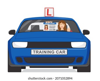A smiling girl sits in a blue training car and shows her driver license. Design concept driving school or learning to drive. Vector illustration in flat style on white background