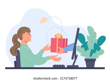 Una chica sonriente se sienta en un ordenador y extiende sus manos hasta una caja con un arco. Las manos de un monitor de computadora dan un regalo a una joven mujer. Ilustración vectorial en estilo plano