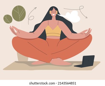 A smiling girl sits cross-legged, practices yoga and enjoys meditation. Young woman with crossed legs and closed eyes is meditating. Flat cartoon vector illustration. Mental health.