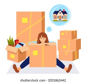 A smiling girl sits on the floor and dreams of a new home. Cardboard packaging boxes stand on top of each other. Concept for home moving. Vector illustration in flat style