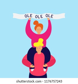 Smiling girl sits on the shoulders of guy and holds in hands a ribbon, text Ole. Football chant. Vector Web banner Ad Poster Greeting card with easy editable shapes objects