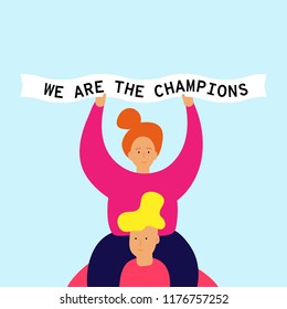 Smiling girl sits on shoulders of guy and holds in hands a ribbon. Text We are the champions. Football chant. Vector Web banner Ad Poster Greeting card with easy editable shapes objects