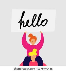 Smiling girl sits on shoulders of guy and holds banner Hello, place for your text. Vector Web banner Ad Poster Greeting card with easy editable shapes objects