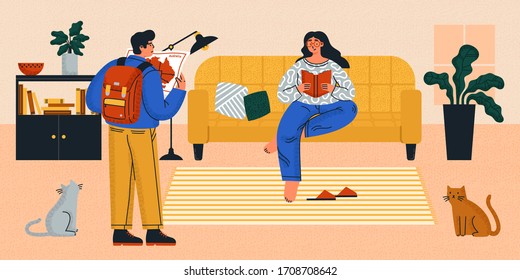 A smiling girl sits on a sofa with a book in her hands. A frustrated guy with a tourist backpack looks at the map in his hands. Color vector illustration about self-isolation.