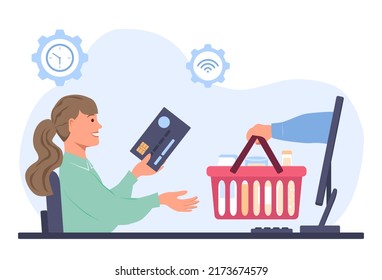 Una chica sonriente está sentada en el ordenador y sosteniendo una tarjeta de pago en sus manos. La mano del monitor de la computadora le da una canasta de comestibles. Compras en línea. Ilustración vectorial en estilo plano