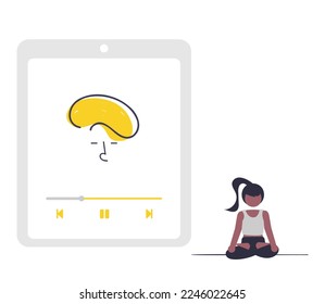 Smiling girl sitting cross legged in her room or apartment practicing yoga and enjoying meditation flat cartoon vector illustration.