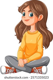 Smiling girl sitting cross-legged in casual attire