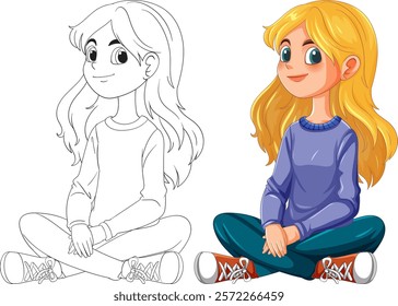 Smiling girl sitting cross-legged in colorful attire