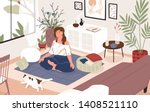 Smiling girl sitting cross-legged in her room or apartment, practicing yoga and enjoying meditation. Young woman with crossed legs and closed eyes meditating at home. Flat cartoon vector illustration.