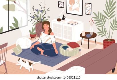 Smiling girl sitting cross-legged in her room or apartment, practicing yoga and enjoying meditation. Young woman with crossed legs and closed eyes meditating at home. Flat cartoon vector illustration.