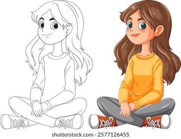 Smiling girl sitting cross-legged, wearing casual clothes