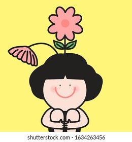 Smiling Girl Sitting With Flower Bloom On Head. Spring Summer Concept Card Character illustration