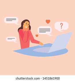 Smiling girl sitting at laptop romantic chatting with partner on internet. Searching lover on dating application or website. Attractive woman trying to find boyfriend online in distance. Flat vector