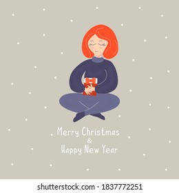Smiling girl sitting in lotus position with a gift in her hands. Holiday box with a bow. New Year or Christmas card. Merry christmas and happy new year lettering. Colorful vector illustration cartoon