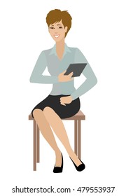 Smiling girl sitting on a chair with the tablet in his hands in a flat style, flat vector illustration