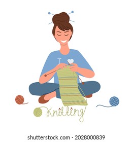 Smiling girl is sitting on the floor and knitting a scarf. The balls of yarn lie nearby. I love knitting. Illustration in flat cartoon style, isolated on white background. Handmade concept.