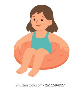 Smiling girl sitting on inflatable ring in swimsuit, ready to have fun in water.