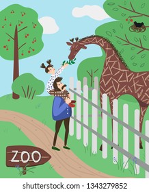 Smiling girl sitting on the shoulders of her father and feeds the giraffe leaves. Family at the zoo considering african giraffe. Vector illustration.