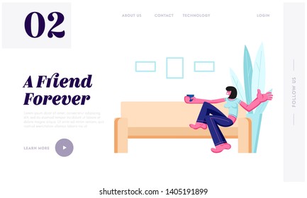 Smiling Girl Sitting on Sofa Drinking Coffee or Tea at Home Interior. Female Leisure, Sparetime, Relaxing, Chatting with Friend Website Landing Page, Web Page. Cartoon Flat Vector Illustration, Banner