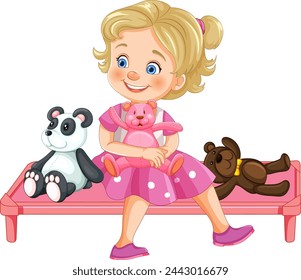 Smiling girl sitting with stuffed animal toys