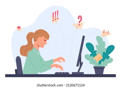 Smiling girl is sitting at the table and typing on the computer keyboard. Paper planes fly out of the monitor and fly in different directions. Woman send an email. Vector illustration in flat style