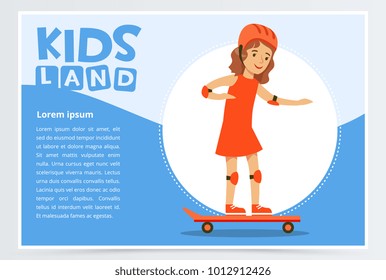 Smiling girl skateboarding, kids land banner flat vector element for website or mobile app