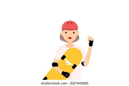 A smiling girl skater holding a skateboard and striking a gut punch