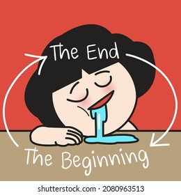Smiling Girl is Sleeping Mouth Open On Table Concept Card Character illustration