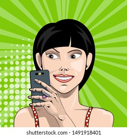 Smiling girl with smartphone in hand takes a selfie in comic style.