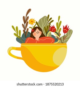 a smiling girl soaking in a coffee cup, with flowers all around. best for illustration of break time, me time. symbol of enjoying leisure time, happy girl enjoying coffee.