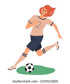 Smiling girl soccer player running kicking a ball with the number 2 on a t-shirt. Woman playing football. Bright colorful female character isolated on white background. Vector illustration.