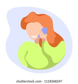 Smiling girl speaking by mobile phone. Girl with cellphone flat vector. Answering to call. Phone conversation concept. Red hair girl illustration. Pretty girl chip chat. Phone dating. Informal talk