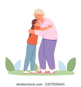 Smiling girl standing with grandma, enjoying meeting. Happy family meet outside. Grandmother with grandchild hugging each other. Flat vector illustration in cartoon style