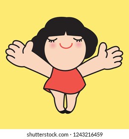 Smiling Girl Standing With Hands And Arms Open Widely. Woman Prepared For Hugging Someone Concept Card Character illustration