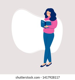 Smiling girl standing and holds an open book. A young woman is reading a book with a white copy of the space behind her. Vector illustration