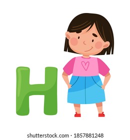 Smiling Girl Standing Near Big Alphabet H Letter Vector Illustration