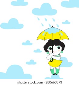 Smiling Girl Standing On A Cloud Under An Umbrella And Rain illustration