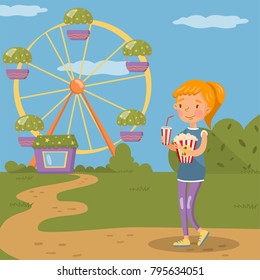 Smiling girl standing with popcorn and plastic cup of soda drink in front of ferris wheel in amusement park, colorful vector Illustration design element for poster or banner