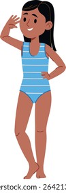 A smiling girl stands confidently in a striped swimsuit, drawn in a flat cartoon style. The character poses with one hand on her hip and the other shielding her eyes. Cartoon vector illustration.