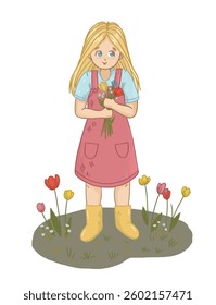A smiling girl stands in a field holding a bouquet of flowers, surrounded by colorful blooms.