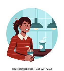 Smiling girl in striped sweater holding a drink inside a cozy cafe with modern lights and large windows, casual atmosphere concept. Vector illustration