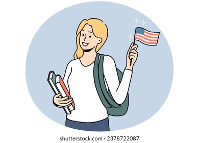 Smiling girl student with backpack and books holding American flag in hands. Happy woman ready for international study program abroad. Vector illustration.