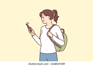 Smiling girl student with backpack using modern smartphone communicating online. Happy woman with cellphone browsing social networks on gadget. Flat vector illustration. 