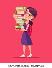 Smiling girl student character holds books. Vector flat cartoon illustration