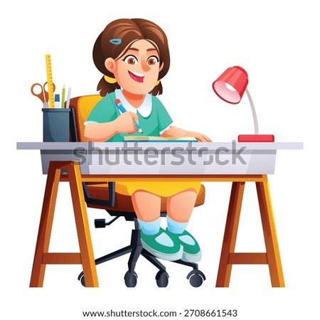Smiling girl student sitting at a study desk with a lamp, school supplies, and book, doing homework. Vector cartoon illustration