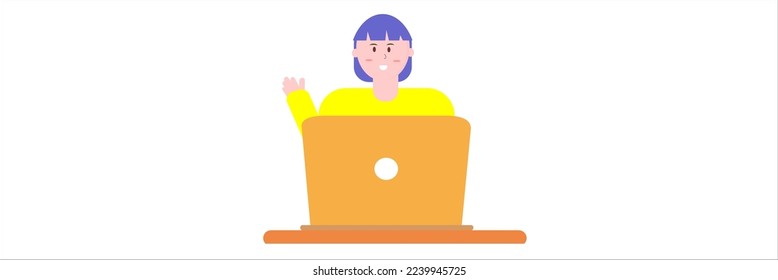 Smiling girl study online working at computer screen vector illustration. Girl sitting on chair watching internet courses. Modern student or pupil studying remotely at home