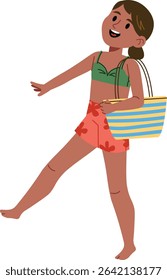 A smiling girl in summer attire holds a striped beach bag in a playful pose. The character wears floral shorts and a crop top, exuding a joyful vibe. Cartoon vector illustration.