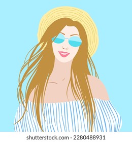 Smiling girl at summer with ice cream vecor illustration.