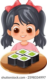 Smiling girl with sushi rolls on a plate